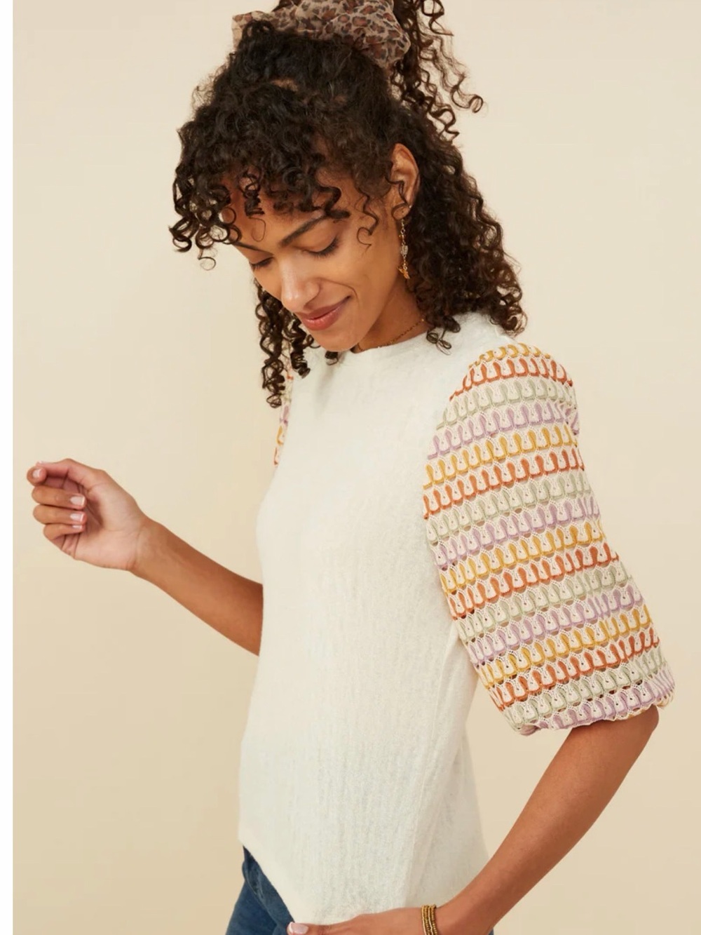 Hayden Los Angeles Contrast Knit Sleeve Textured Top Size Small